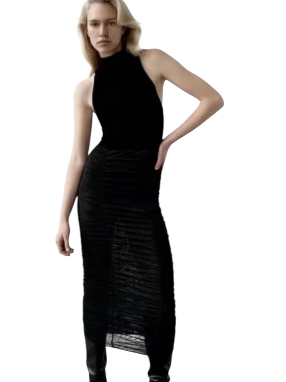 Zara Velvet Sleeveless Semi-Sheer Built-In Bodysuit Ruched Dress NWT (Z)